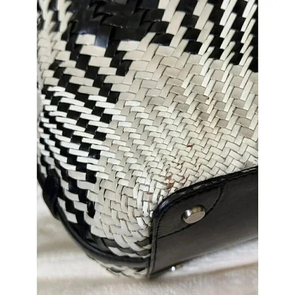 COLE HAAN Genevieve Woven Weave Black & White Tote Shoulder Bag Braided Handles - Picture 5 of 13